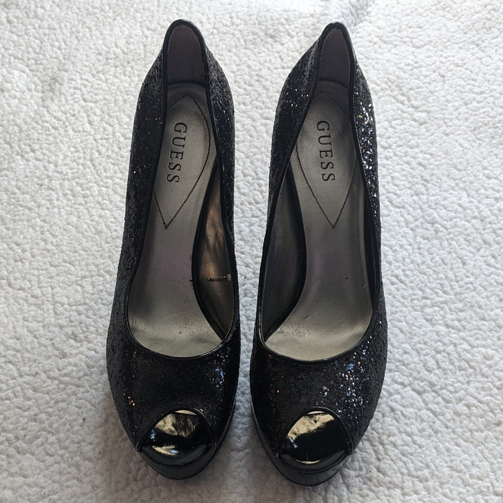 Guess peep toe black glitter heels